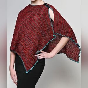 Boho Fair Trade Silk And Wool Red and Blue Knit Poncho Scarf